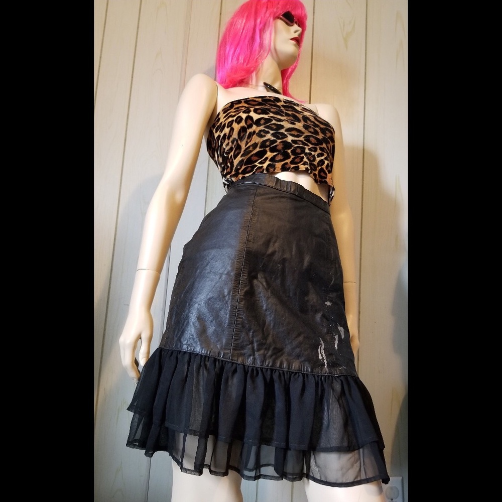 Vintage 80s Punk Rock Goth Mermaidcore Sheer Ruffle Hem Black Leather Skirt